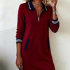 Autumn Winter Versatile Women's Dress Casual Contrasting Color Splicing Lapel Long-sleeved Loose Dress With Pockets