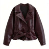 Women Black Short Faux Leather Trench Coat Long Sleeve Lapel Jacket With Belt Vintage Lady Motorcycle Jacket Outwear