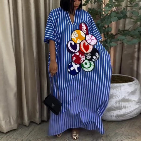 Africa Traditional Women Colorblock Striped Bubu Dresses Elegant Ordinary Kaftan V Neck Loose Batwing Sleeves Church Event Gown