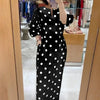 Elegant Women Dots Print Dress Summer Slim 3/4 Sleeve Vestidos V-Neck Party Midi Robe Office Pocket Dresses