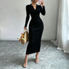 Women Polo Collar Knit Maxi Long Dress Elastic Ribbed Long Sleeve Bodycon Sweater Dress Elegant Ladies Party Casual Outfits