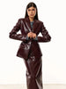 Women Burgundy Croc Faux Leather Notched Lapel Slim Fit Blazer Jacket Single Breasted Long Sleeve Elegant Office