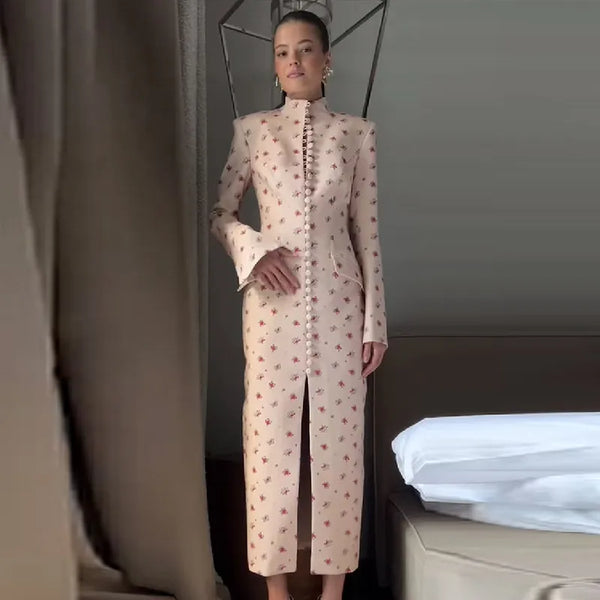 Floral Print High Neck Midi Dress For Women Chic Long Sleeve Button Front Sheath Dresses Office Party Commuting Clothes