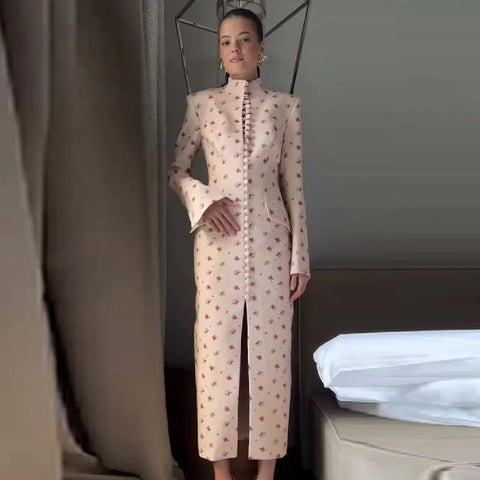 Floral Print High Neck Midi Dress For Women Chic Long Sleeve Button Front Sheath Dresses Office Party Commuting Clothes