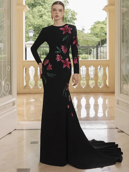 High Street Designer Party Vestido Women's Flowers Diamonds Beaded Slit Sleeve Long Maxi Dress