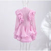 Solid Ruffle Mini Dress U Neck Long Puff Sleeve Tie Neck Tiered Hem Sweet Style Gown Soft Pastel Tones Chic Women Outfit