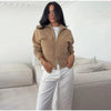 Women Camel Ribbed Knit Cardigan Zip Up High Collar Long Sleeve Cropped Sweater Flap Pockets Jacket Casual Autumn Outfits