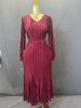 Womens Plus Size Pleated Elegant Maxi Long Sleeve Dress with Sequin Belt and Patchwork Hem for Wedding Guest