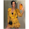 Sexy Floral Printed Mini Dress Women V-neck Flared Sleeve Waist Cinching Ruffle Bodycon Vestido Lady Party Vacation Gowns