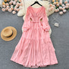Vintage Chiffon Long Dress Women Elegant V-neck Long Sleeved Casual Dresses French Pleated Slim A-line Long Robe Vestidos