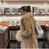 Elegant Solid Faux Fur Spliced Coat Women Lapel Long Sleeve Tassel Plush Outerwear Fall Winter Warm Streetwear