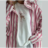 Striped Hooded Long Trench Coat Drawstring Waist Open Front Spring Women Glam Outerwear Warm Casual Lady Windbreaker Jacket