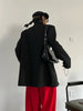 Contrast Color Ribbon Blazer Women's Notched Collar Loose Single Button Long Sleeves Split Suit Jacket