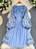 Women's Dress Spring Vintage Embroidery Lace-up O-Neck Versatile Loose Bandage Waist A-line Mid-length Vestidos DS354
