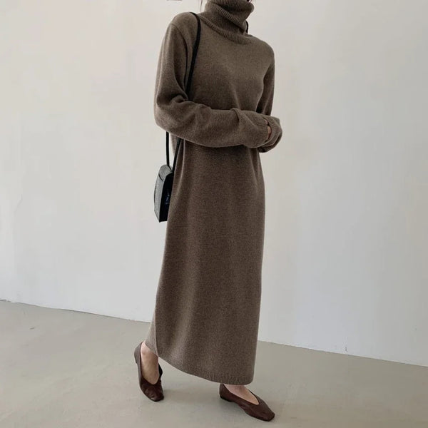 Autumn Winter Loose Turtleneck Women's Knitted Long Dresses Long Sleeve Vintage Straight A-line Dress Female