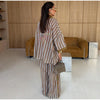Striped Long Pants Set Color Block Turn Down Collar Three Quarter Sleeve Shirt Wide Leg Bottoms Casual Chic Women Outfits