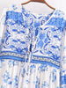 Boho White Blue Totem Print Bow Lacing up Neck Long Straight Dress Women Viscose Cotton Full Sleeve Maxi Robe Holiday