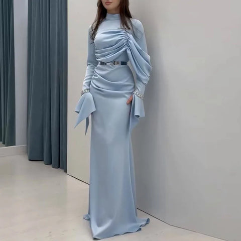 Lady Casual Long Sleeve Pleated Floor Length Dress Hight Waist Slim Party Dress Elegant O-neck Patchwork Irregular Gowns