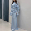Lady Casual Long Sleeve Pleated Floor Length Dress Hight Waist Slim Party Dress Elegant O-neck Patchwork Irregular Gowns