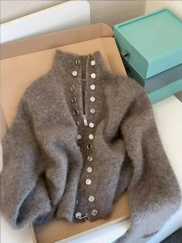 Fluffy Knitted Cardigan Sweater Design Double Breasted Sweater Coat Women Autumn Lazy Zipper 2000s Y2k Knit Top