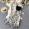 French Style Elegant Two Piece Sets Women Double Breasted Blazer Jacket + Mesh A-line Long Dress Korean Outfits