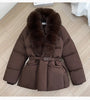 Winter Women Short Puffer Jacket Faux Fur Lapel Collar Waist Belt Design Solid Color Warm Elegant Daily Ladies Outerwear