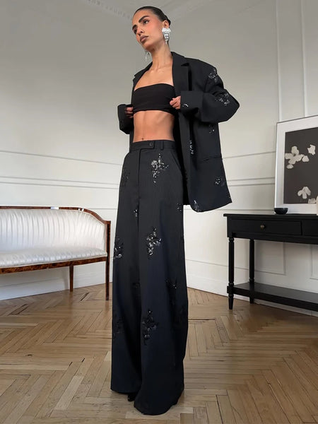 Women Sequinned Shirt Suit Elegant Lapel Long Sleeves Top Elastic Waist Pants 2pcs Set Lady Street Spring Suits