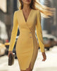 Spring and Autumn Women's Long Sleeve Dress High Waist Slim V-neck Office Elegant Hip Mini Short Skirt