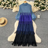 Tassel Patchwok Color Block Dress for Women Pleated Puff Sleeve Mid-calf Dresses Female Autumn