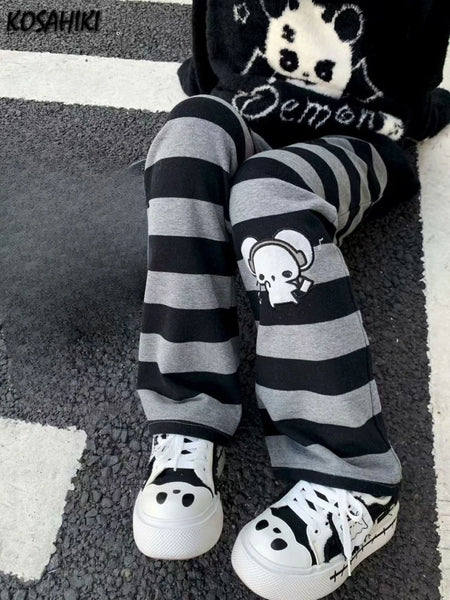 Japanese Stripe Wide Leg Trousers Y2k Aesthetic Kawaii Cartoon Embroidery Straight Pants Vintage Casual Loose Pantalones Women