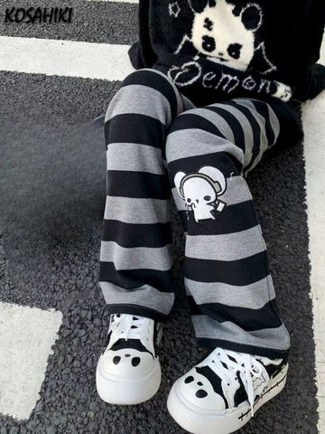 Japanese Stripe Wide Leg Trousers Y2k Aesthetic Kawaii Cartoon Embroidery Straight Pants Vintage Casual Loose Pantalones Women