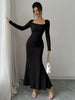 Women's Four Seasons Women's Elegant Temperament Retro Solid Color Square Collar Long Sleeve Dress