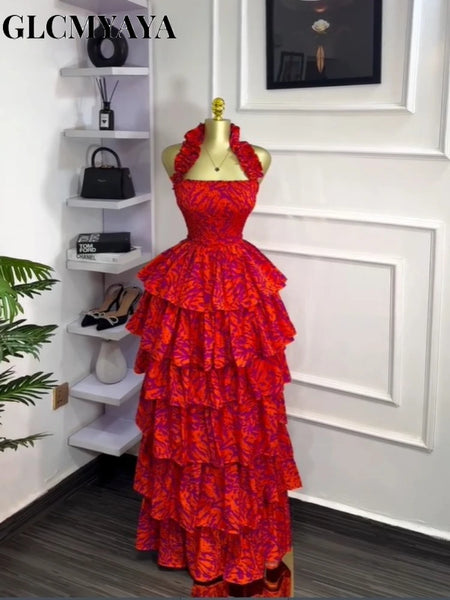 Women Floral Printed Cascading Ruffles Ball Gown Midi Maxi Long Dress Birthday Vacation Holiday Party Dresses Vestidos