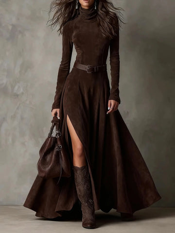 Elegant Long Sleeve Suede Party Dress High Neck Solid Slim Side Split Long Dress Women With Belt High Street Maxi Dress