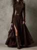 Elegant Long Sleeve Suede Party Dress High Neck Solid Slim Side Split Long Dress Women With Belt High Street Maxi Dress