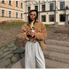 Brown Loose Short Suede Jacket Women Lapel Lantern Sleeves Zipper Outwears Lady Spring Daily Commute Street Coat