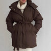 Winter Casual Lace-up Waisted Hooded Mid-Length Jacket For Women Solid Color Thickened Cotton Coat 1A1207