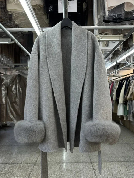 Natural Fox Fur Thick Double-sided Wool Coat Female Short Autumn Winter Loose Lace-up Woolen Coats Women Overcoats