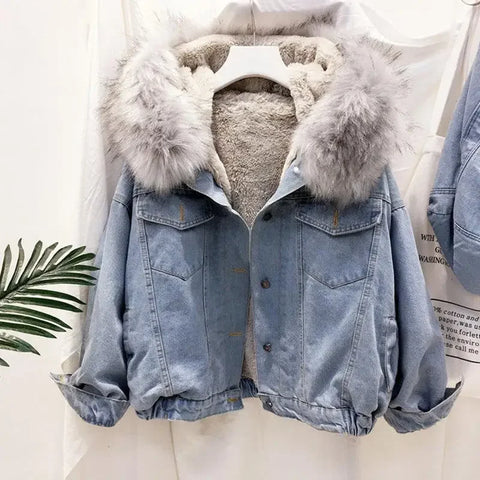 Hooded Denim Coats Pockets Single Breasted Jacket Autumn Winter Outerwear Thick Warm Comfortable Women Casual Overcoat