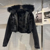 Real Fur Denim Jacket Women Autumn Fried Street Style Natural Fox Fur Collar + Rabbit Fur Liner Warm Rivet Short Jean Coat
