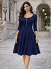 Women Elegant Square Neck 3/4 Sleeve Autumn Work Party Midi Dress Solid Color Zip Front Solid Business Casual Swing A-Line Dress