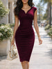 Women Vintage Cap Sleeve V-Neck Ruched Slim Knee Length Cocktail Party Wrap Sheath Bodycon Pencil Dress