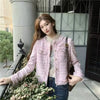French White Tweed Crop Jacket for Women Autumn Elegant Slimming Decor Button Coat Woman Round Neck Long Sleeve Outerwear