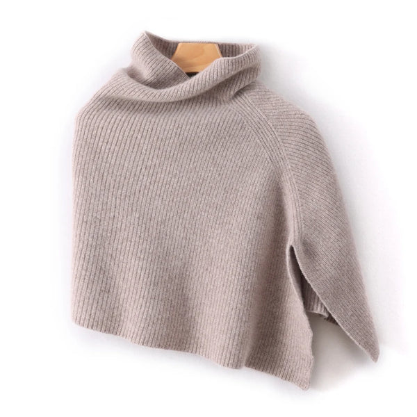 French Retro 100% Pure Wool Shawl Women's Autumn Winter High Neck Thick Warm Cover Knitted Scarf, One-Piece Cape