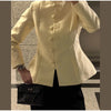 Stand-Collar Satin Frog-Button Jacket Cream Tailored Long-Sleeve Silky Spring Elegant Retro Women Outerwear Blazer