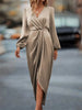 Women's Satin Evening Party Maxi Dress Draped Silk V-Neck Long Sleeve Office Lady Midi Dresses Vestidos Sexy Chic Robes Longue