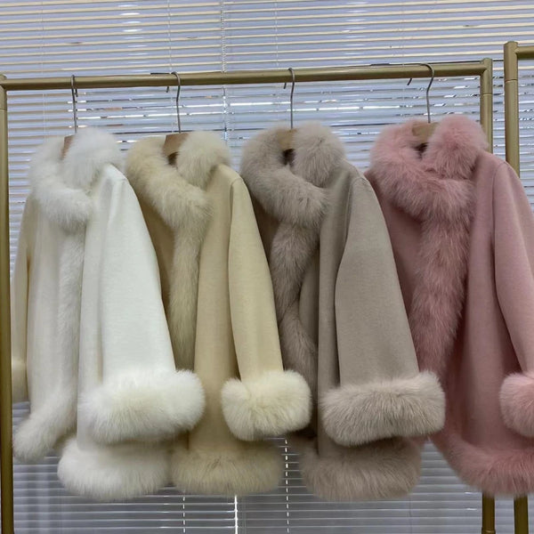 Real Fur Coat Winter Jacket Women Natural Fox Fur Collar Warm Cashmere Wool Woolen Ladies Outerwear Streetwear