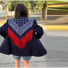 Women Blazer Jacket Bandana Print Fringe Shawl Back Patchwork Tassel Detail Lapel Long Sleeve Single‑Breasted Casual Suit Coat
