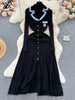 Autumn Winter Wear Dress Women Polo Single Breasted Pocket Design Bodycon Knitting Temperament Sweater Long Dresses