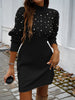 Autumn Women Sweater Dresses Pearls Round Neck Long Sleeve Hip Wrap Dress Winter Elegant Ladies Casual Solid Slim Fit Dress